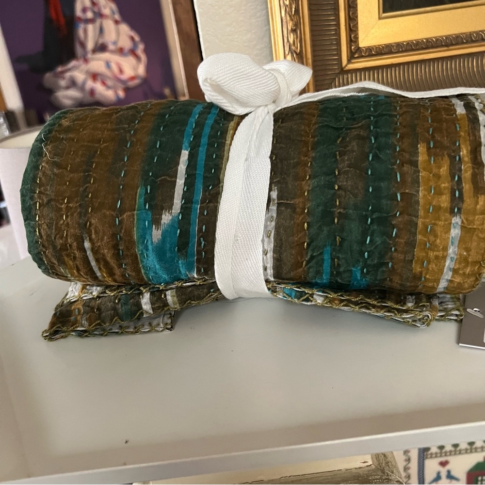 TAJ HOTEL VINTAGE COTTON KANTHA THROW BLANKET BLUE/BROWN NWT